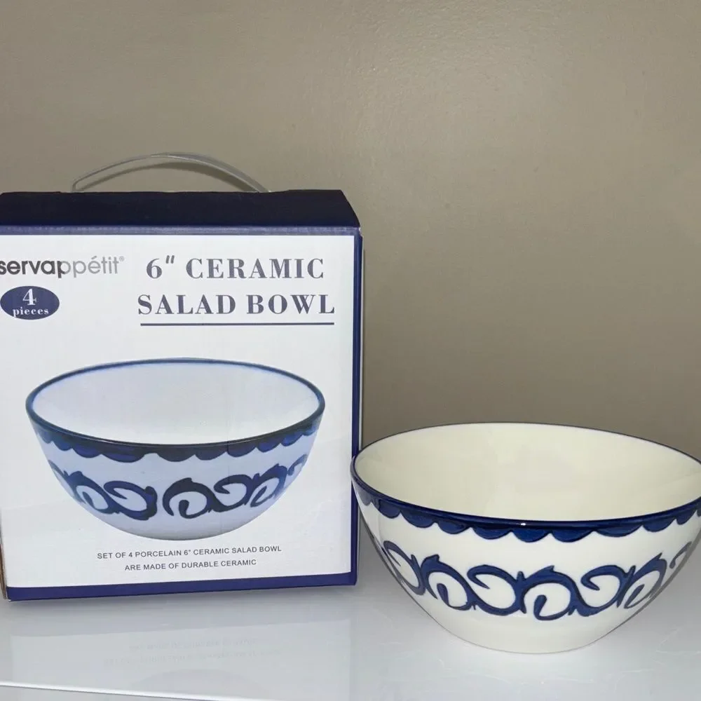 Servappetit Set Of 4 Porcelain 6”Ceramic Salad Bowls